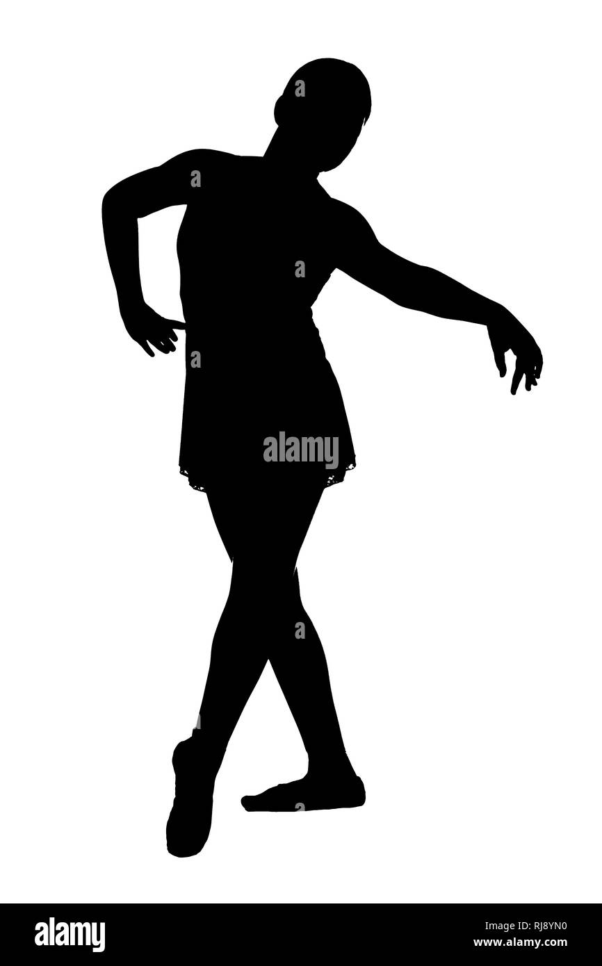 JPG black silhouette of young teen female on white background in various classical and contemporary ballet poses - pre pointe in ballet slippers. Stock Photo