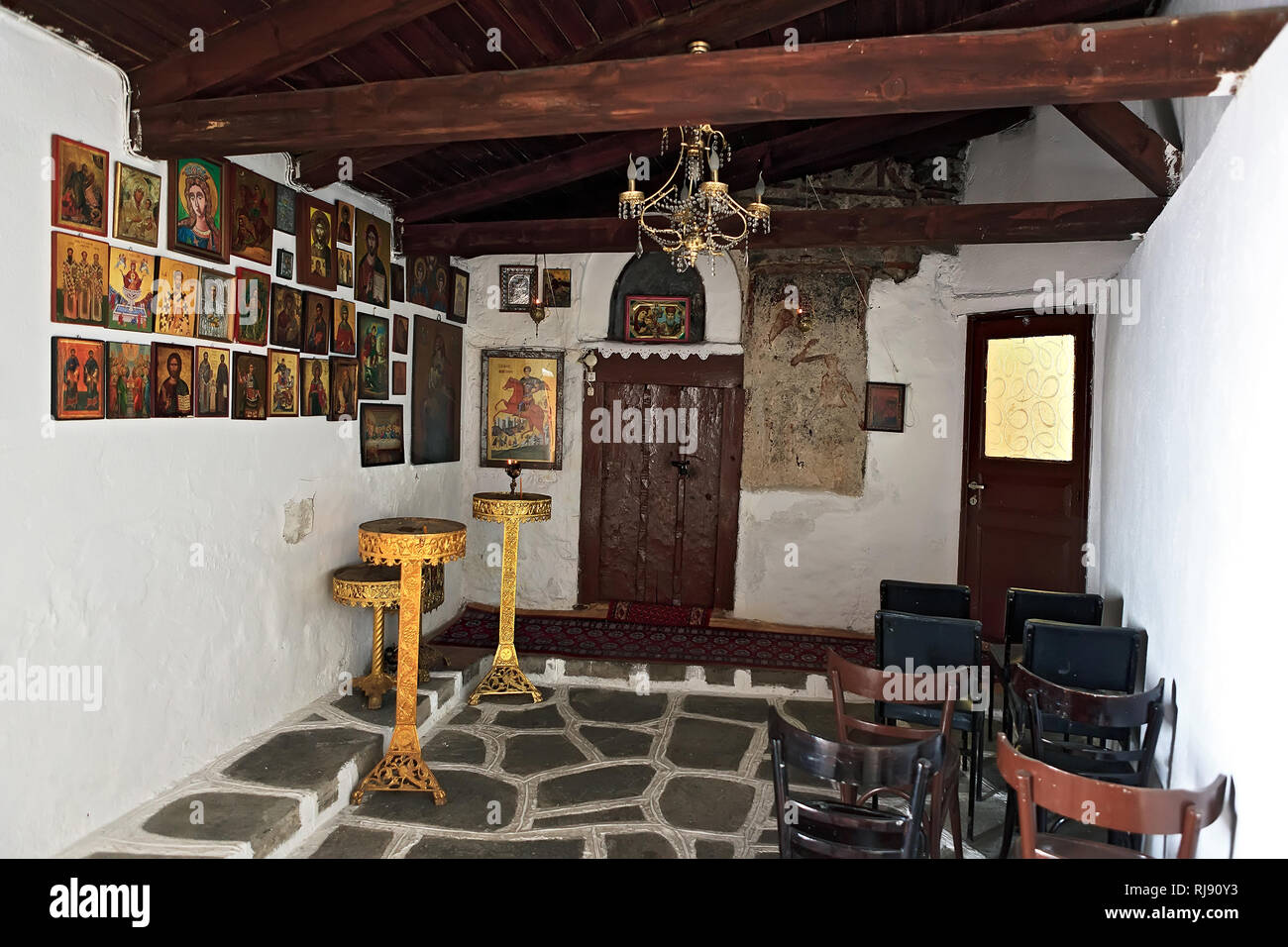 Kastoria, Greece  - June 27, 2012: : the interior inside a small greek orthodox church of Saint Dimitrios Stock Photo