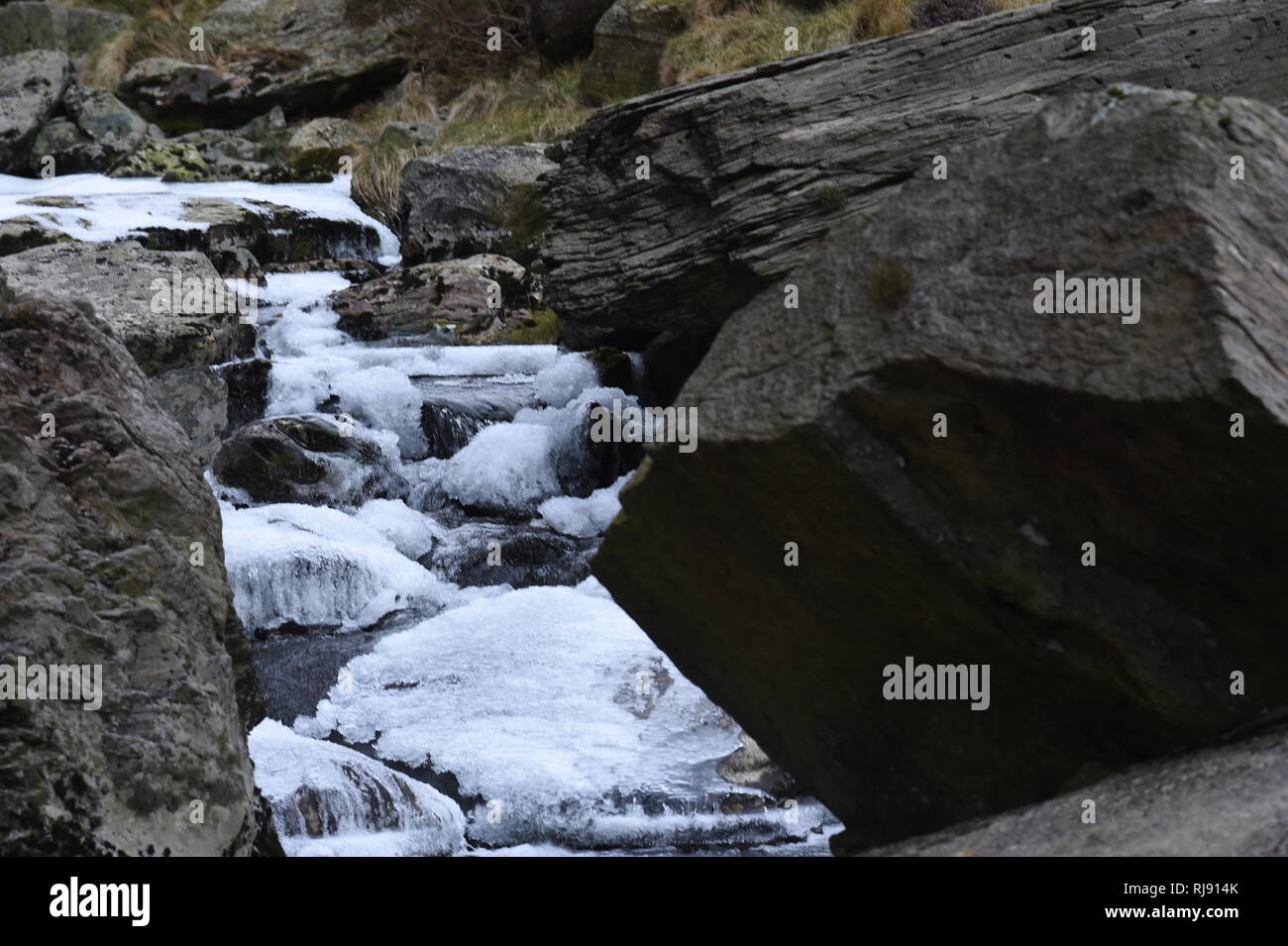 Due to the freezing weather the river peris which runs down Llanberis pass and the other water fall has frozen. Monday 26th February 2018. Stock Photo