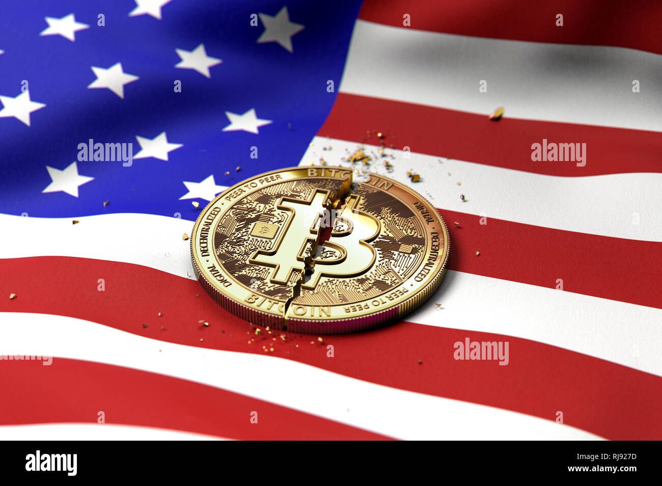 Cracked Bitcoin Coin On American Flag Bad Bitcoin Condition In Usa Concept 3d Rendering Stock Photo Alamy