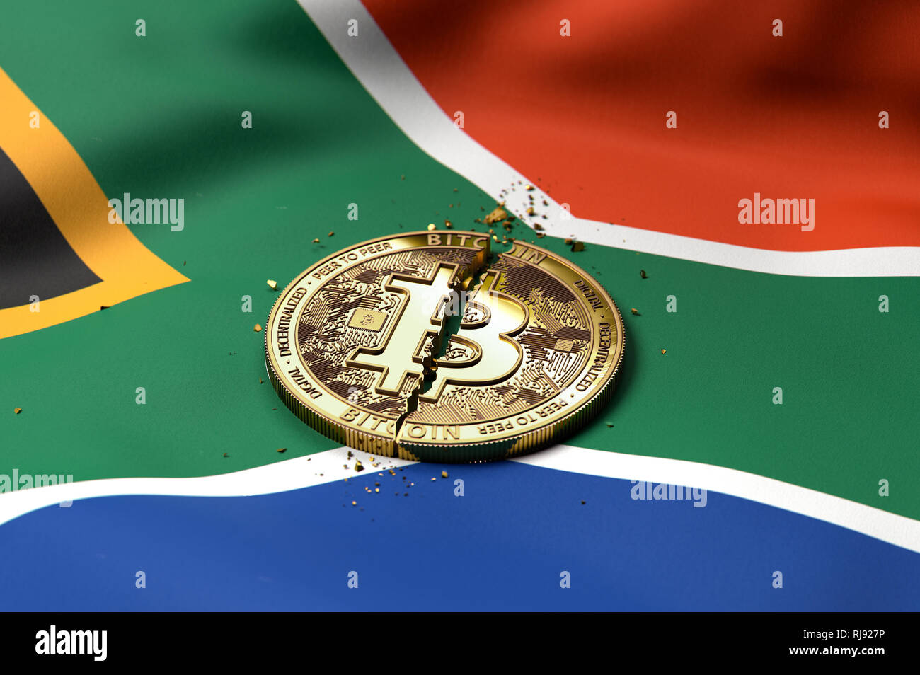 Cracked Bitcoin coin on South African flag. Bad Bitcoin condition in