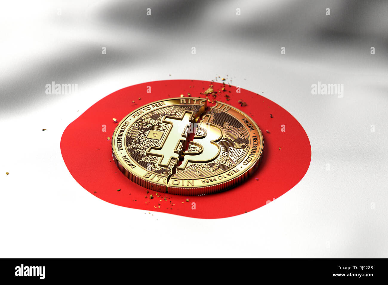 Cracked Bitcoin coin on Japanese flag. Bad Bitcoin condition in Japan  concept. 3D Rendering Stock Photo - Alamy