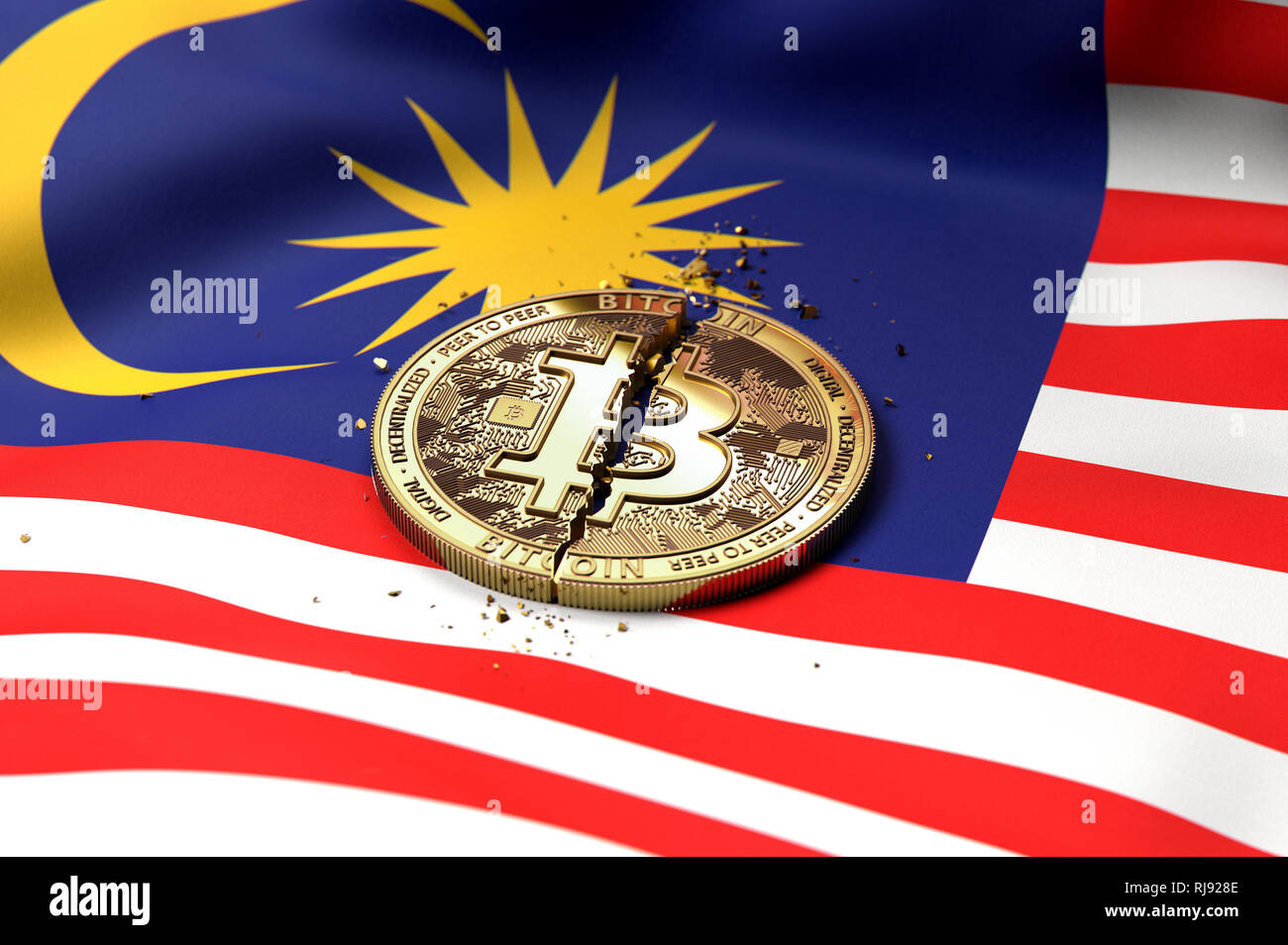 Cracked Bitcoin coin on Malaysian flag. Bad Bitcoin condition in Malaysia  concept. 3D Rendering Stock Photo - Alamy
