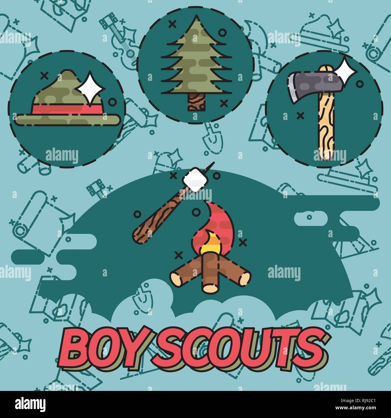 Boy scouts flat concept icons. Adventure exploration Travel Concept Stock Vector