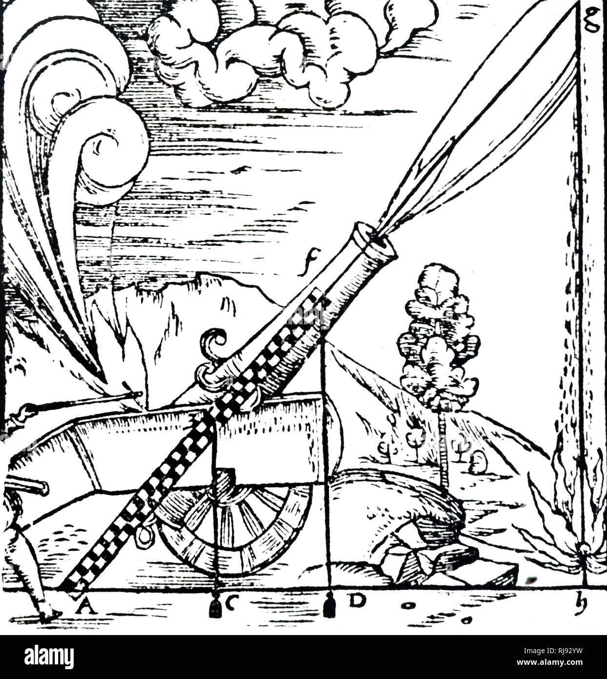 A woodblock engraving depicting a gunner firing a cannon whose elevation has been calculated using a chequered rule fitted with two plum-bobs. The path of a projectile is shown according to Aristotelian physics. Since he believed that nobody could undertake more than one motion at a time, the path had to consist of two separate motions in a straight line. Dated 16th century Stock Photo