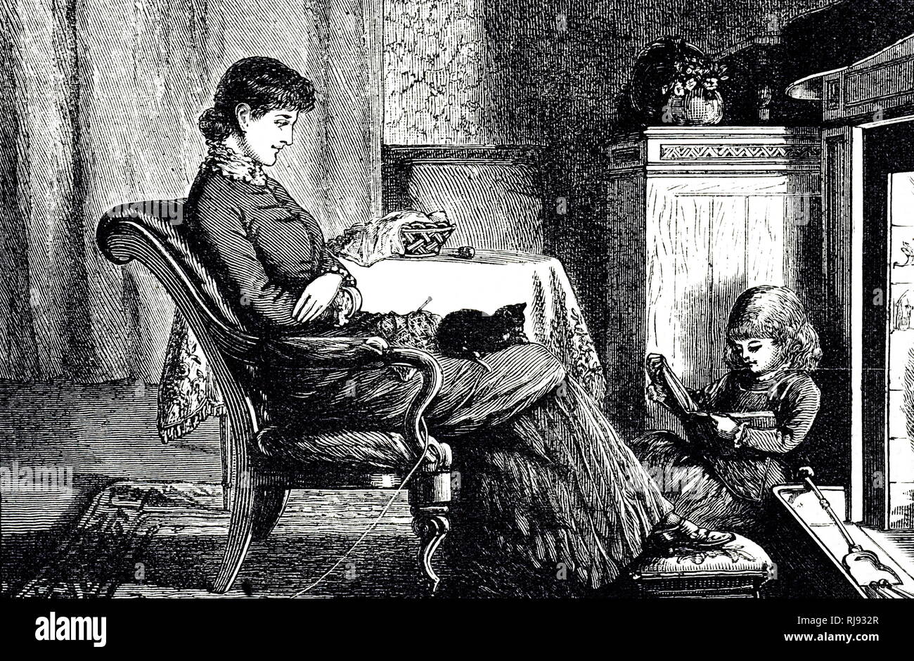 An engraving depicting a mother and daughter together sitting at the fireside. Dated 19th century Stock Photo