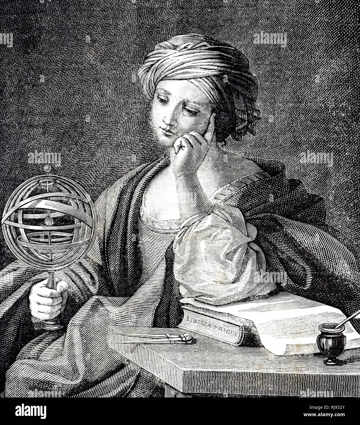 An allegorical picture of Astronomy shown holding an armillary sphere. Dated 19th century Stock Photo