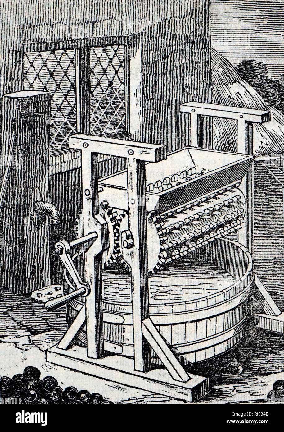 An engraving depicting a type of cider mill used in Ireland for