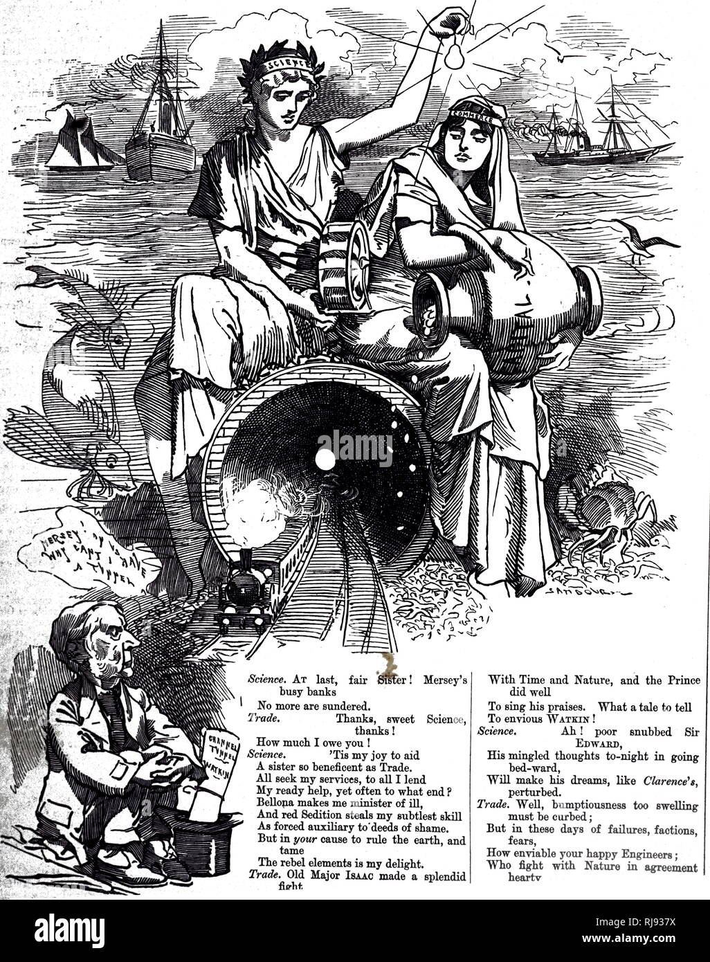 A cartoon commenting on the opening of the Mersey tunnels linking Liverpool and Wirral Peninsula. Illustrated by Edward Linley Sambourne (1844-1910) an English cartoonist and illustrator. Dated 19th century Stock Photo