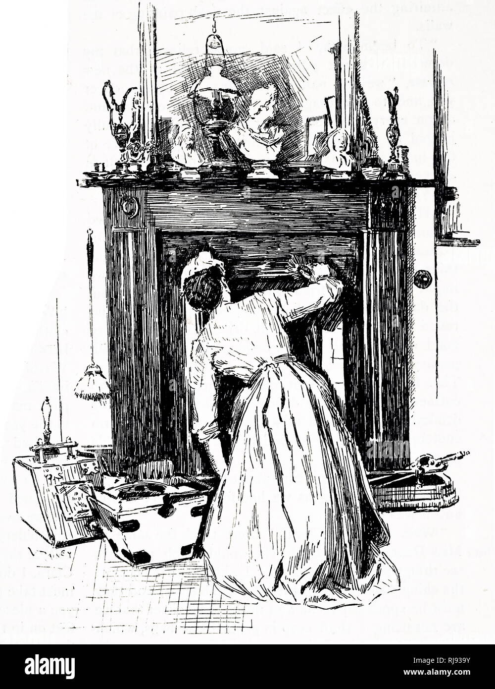 An engraving depicting a parlour maid cleaning a fireplace. Illustrated