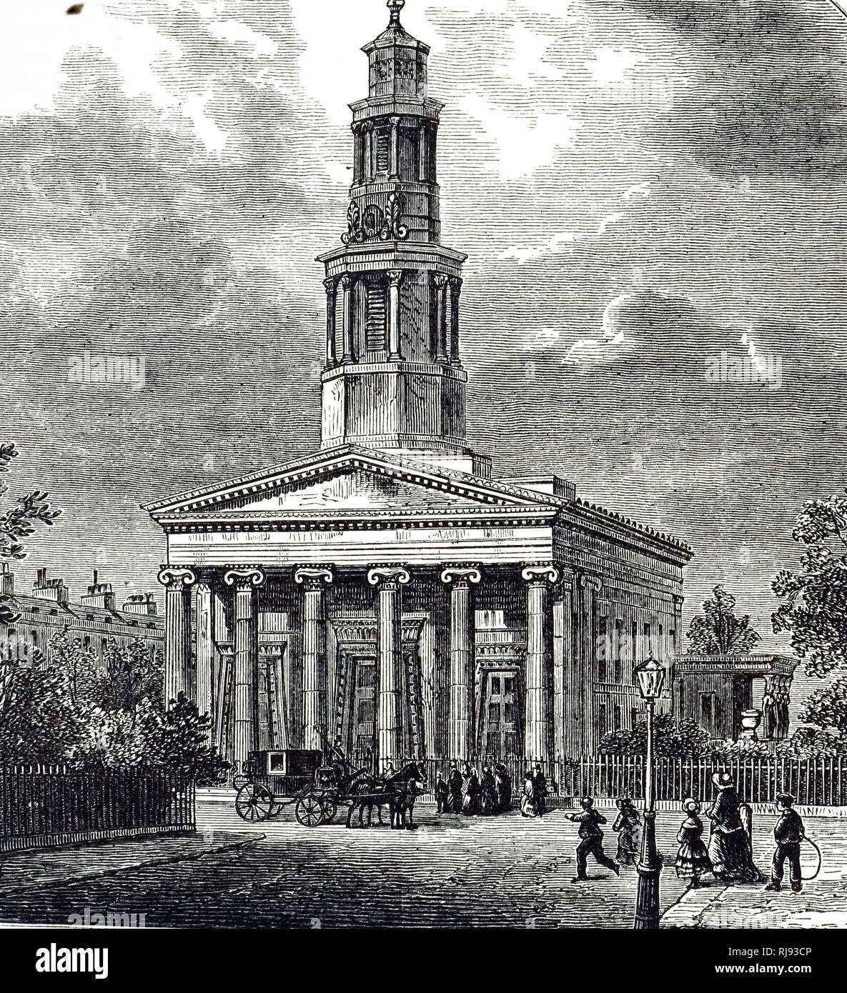 An engraving depicting the 'new' St Pancras Church, London, consecrated by the Bishop of London in April 1822. Designed by William Inwood, the edifice modelled on the Temple of Erecthens, Athens, the steeple in The Tower of the Winds. Caryatids is in the background (right). The first church in England built in a strictly Grecian style. Dated 19th century Stock Photo
