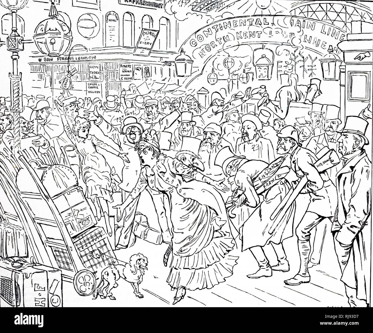 A cartoon depicting the chaotic state of Charing Cross Station. Illustrated by Harry Furniss (1854-1925) an artist and illustrator. Dated 19th century Stock Photo