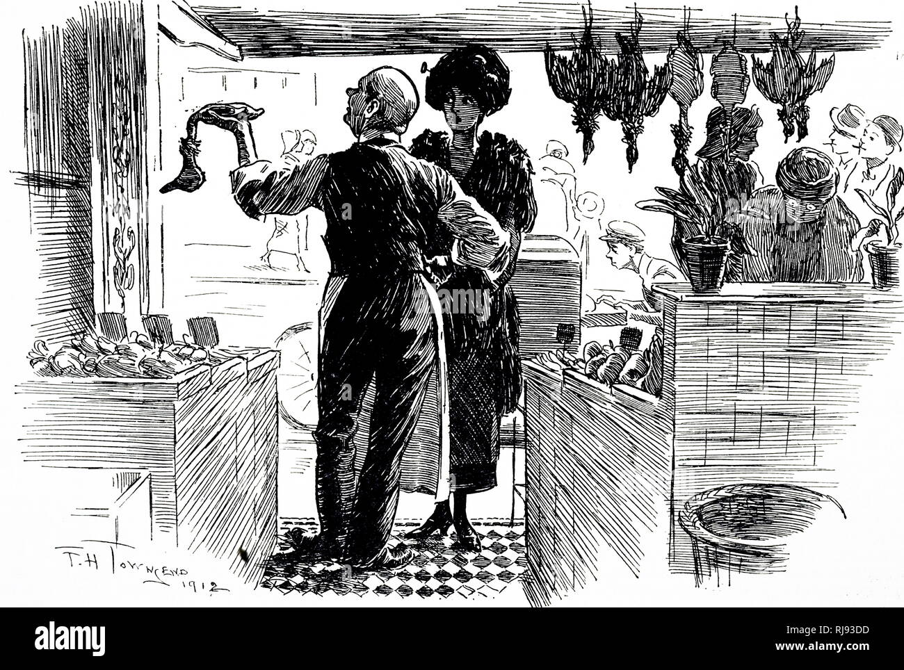 A cartoon depicting a lady buying poultry. Dated 20th century Stock Photo