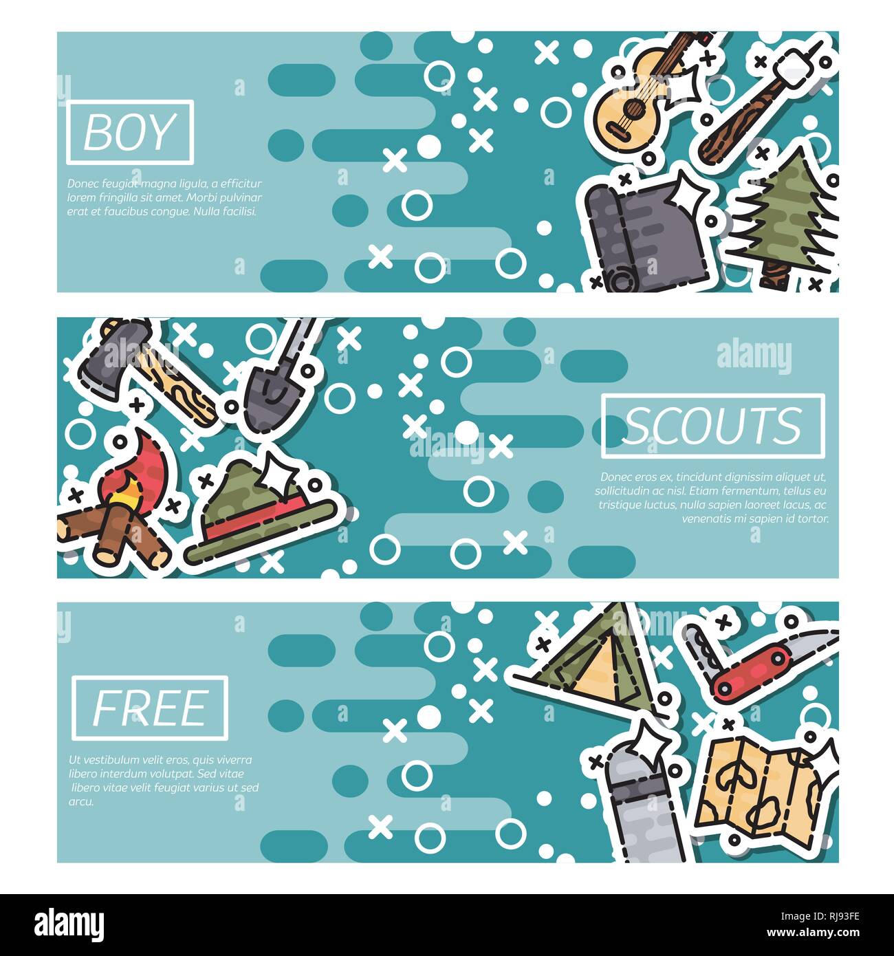 Set of Horizontal Banners about boy scouts. Vector design concept. Stock Vector