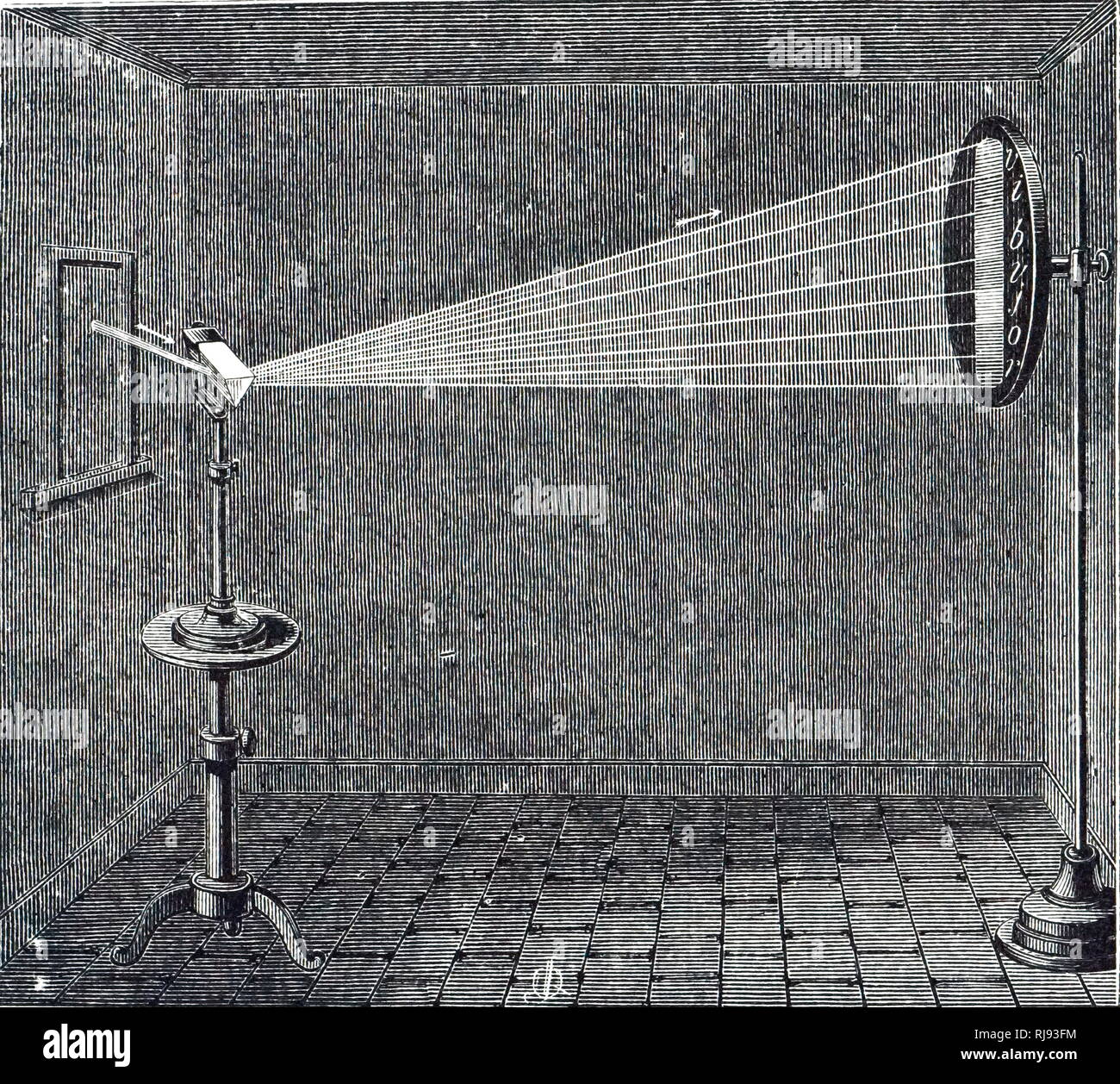 An engraving depicting the projecting of a beam of sunlight (white light) passing through a prism and breaking it down into it's separate colours. Dated 19th century Stock Photo