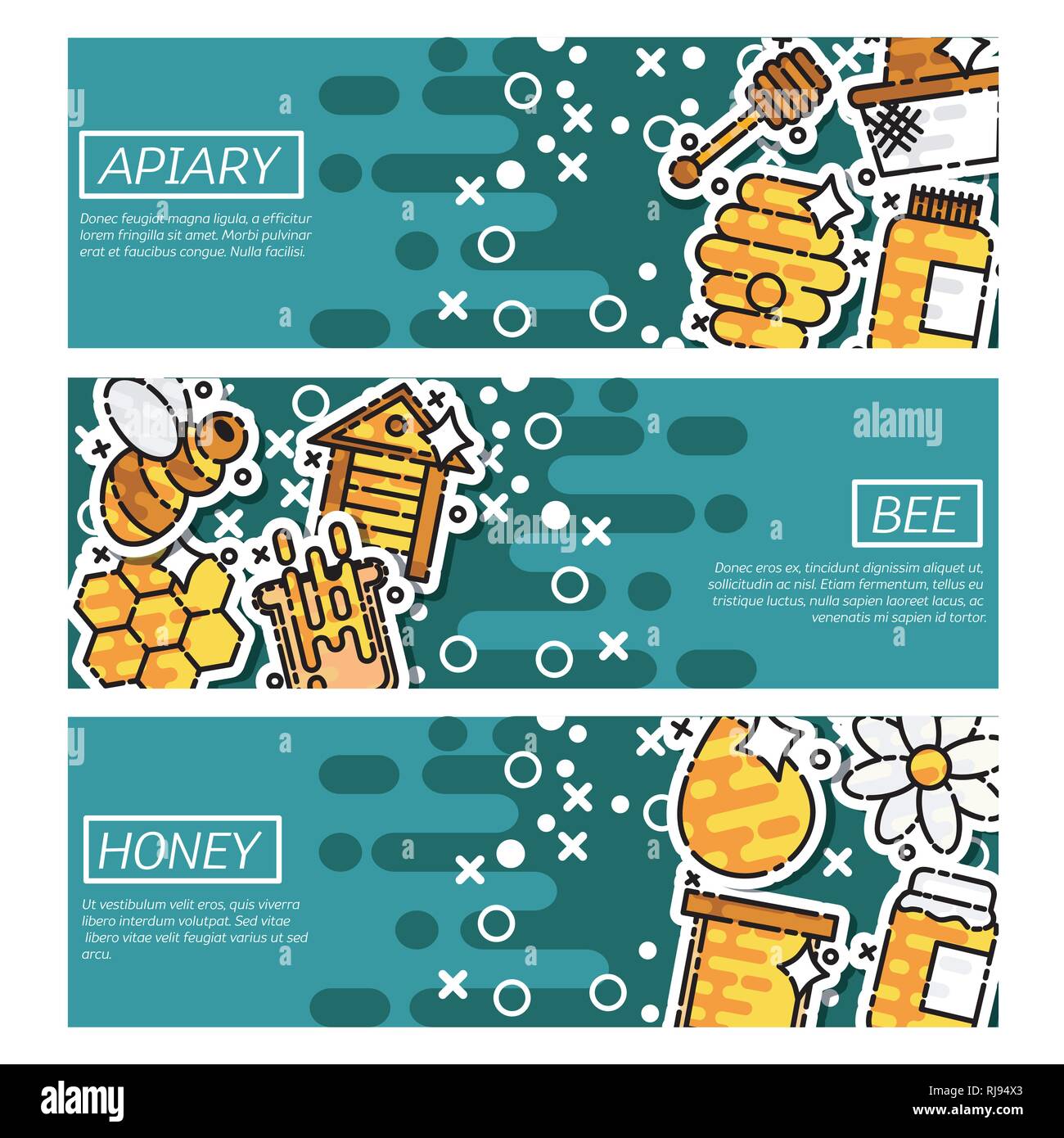 Set of Horizontal Banners about apiary with bee organic and sweet honey
