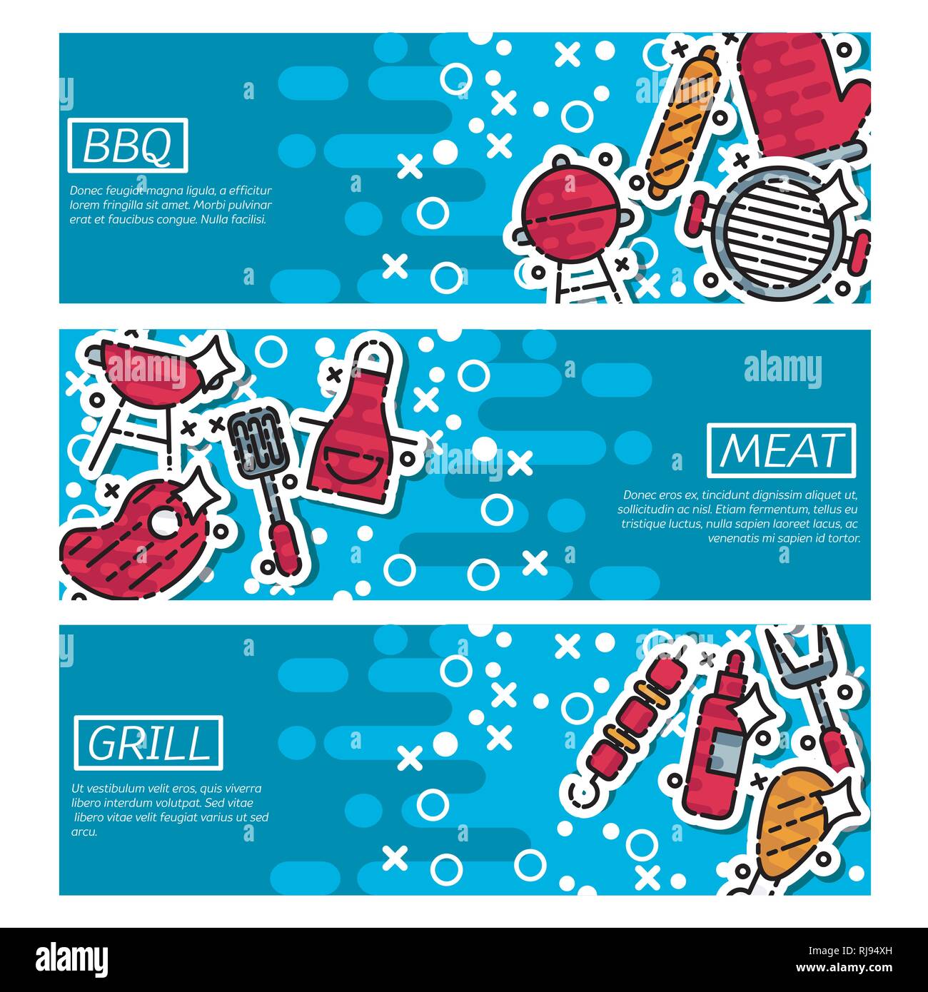 BBQ party horizontal banner set with veggie grill elements flat ...