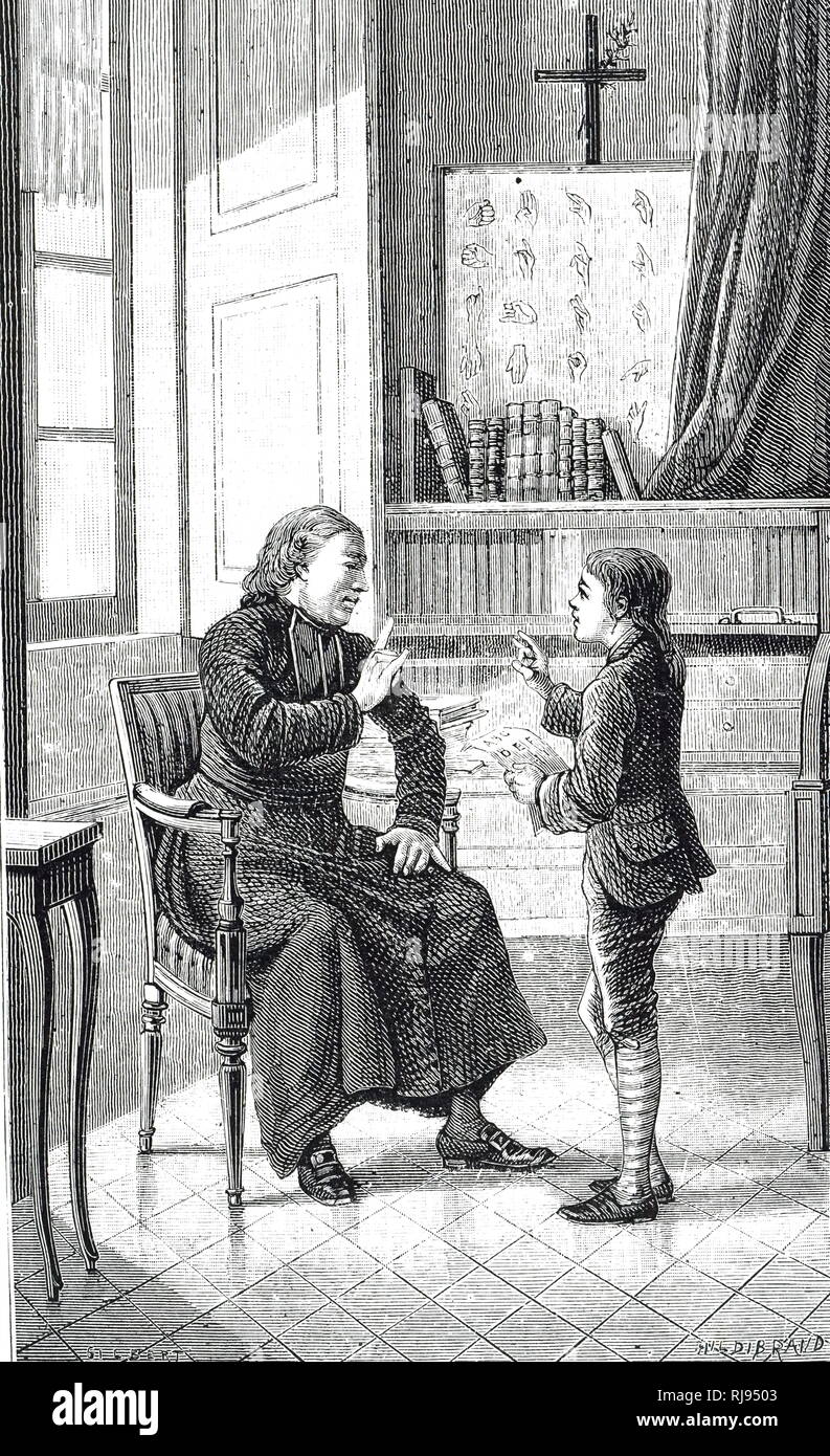 An engraving depicting Charles-Michel de l'Epee teaching a deaf child sign language. Charles-Michel de l'Epee (1712-1789) a philanthropic educator. Dated 19th century Stock Photo