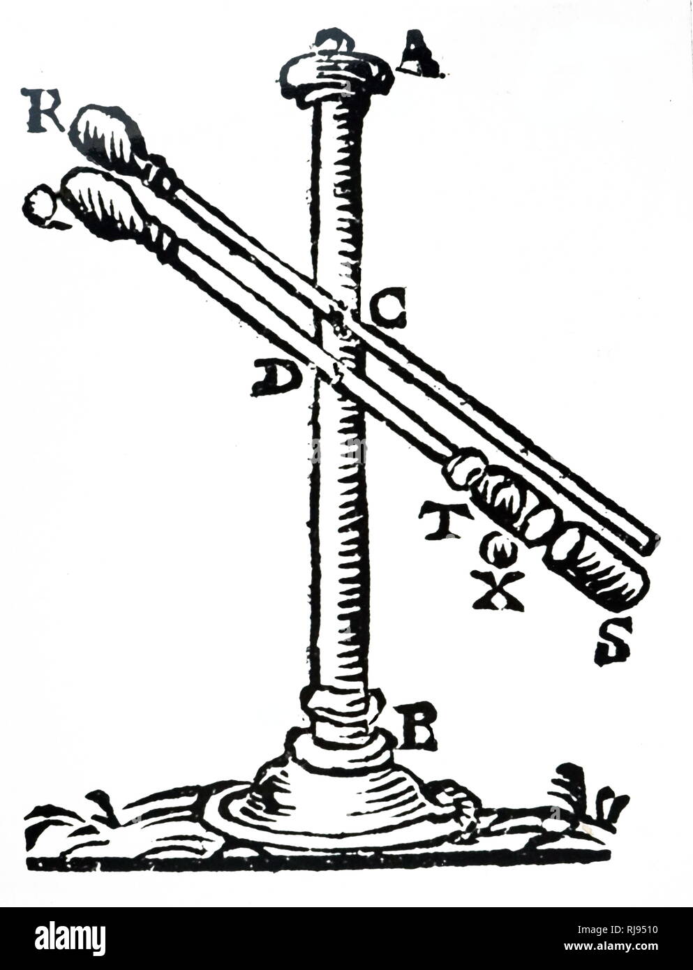 A woodcut engraving depicting perpetual motion achieved by magnets moving weights. R and Q are magnets, and T and S are hollow rods (S is supposed to be fixed to the upper arm R, C). D and C are pivots. A weight, X, is placed in T with the arm Q, T, dipping slightly down at the end Q. R attracts Q, the arm Q, T, moves as shown, and weight X falls to S. The arm R, C, S, now swings round. Magnet Q attracts R, pointing with Q and R below the pivot points. X now falls into T, and the process repeats. Dated 17th century Stock Photo