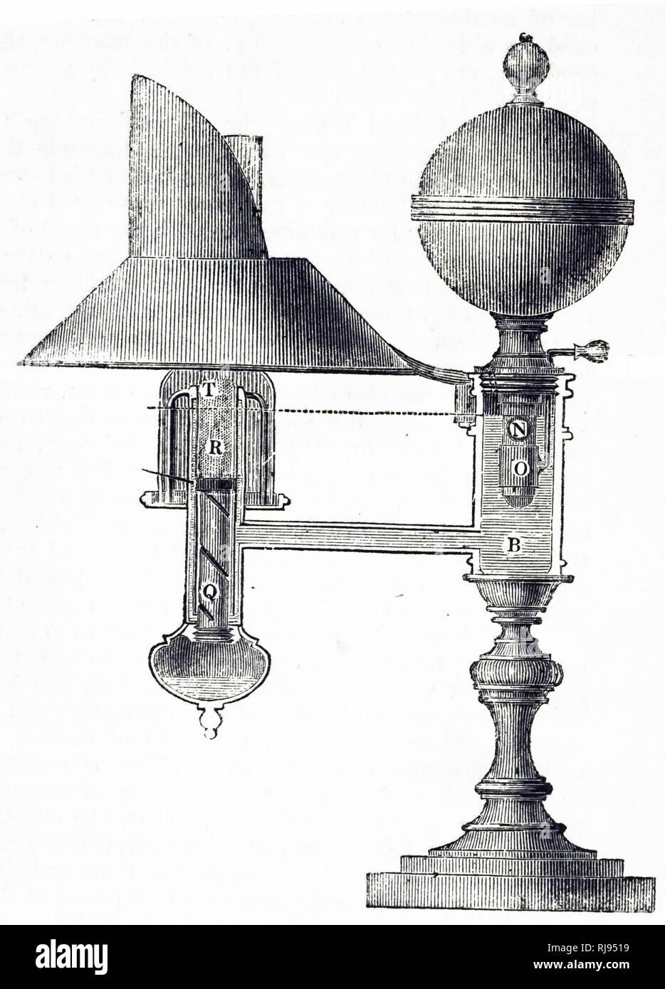 An engraving depicting a sectional view of an Argand lamp, a kind of oil  lamp, was invented and patented in 1780 by Aime Argand. Aime Argand  (1750-1803) a Genevan physicist and chemist.