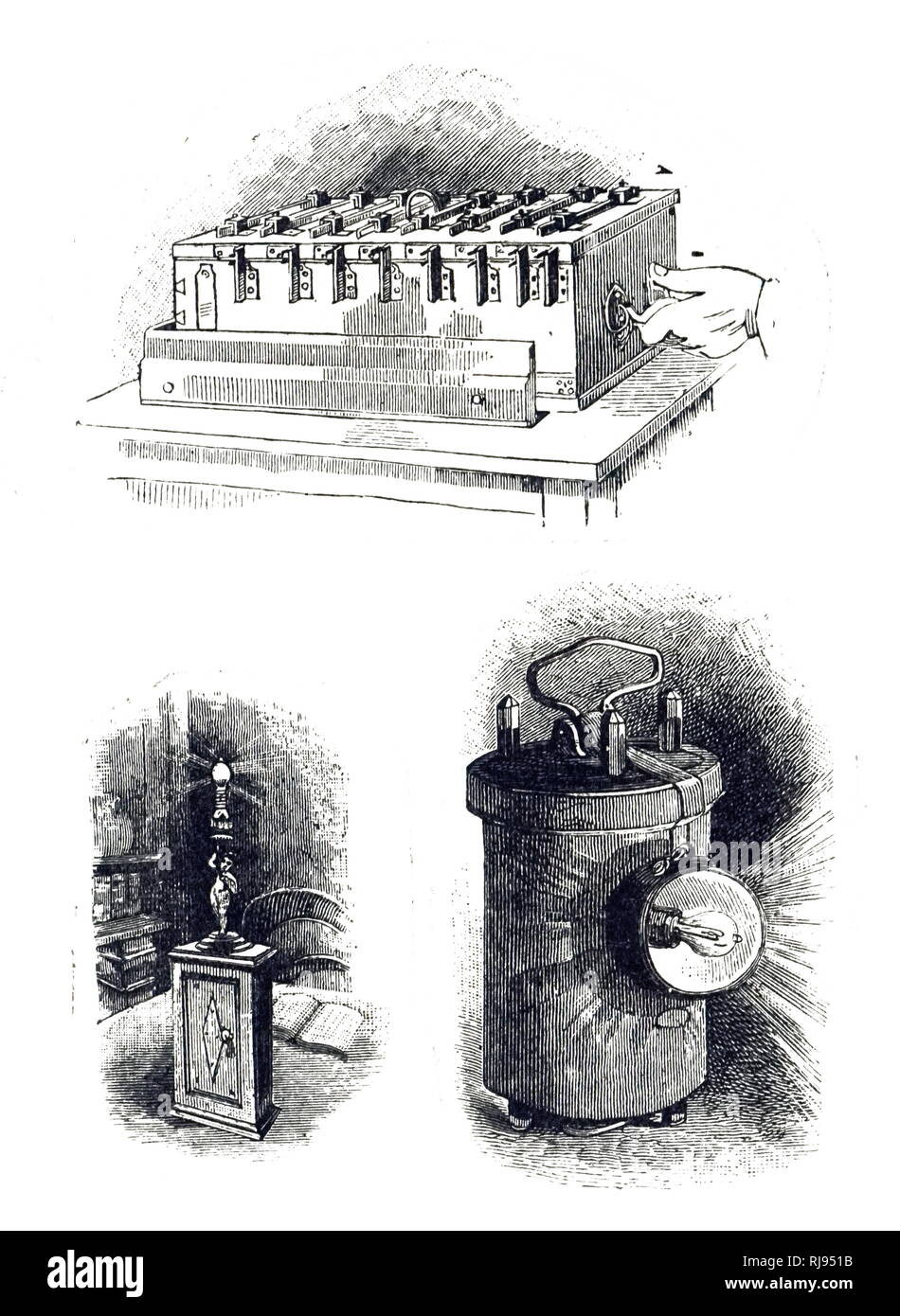 An engraving depicting Schanschieff's battery being used to power a table lamp and a miner's lamp. The battery plates were zinc and carbon and the liquid sulphate of mercury. Dated 19th century Stock Photo
