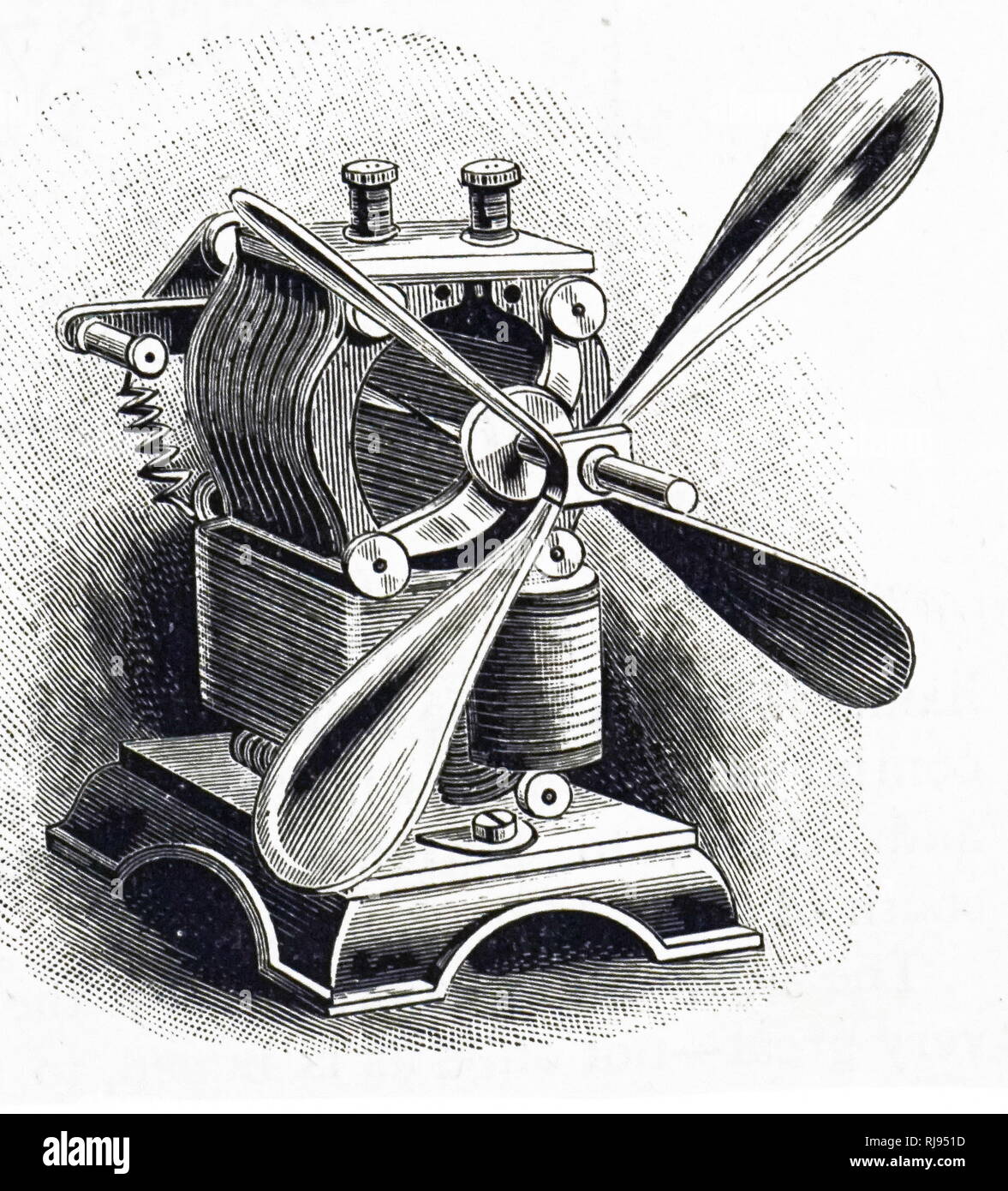 An engraving depicting a domestic electric fan powered by a dry cell ...