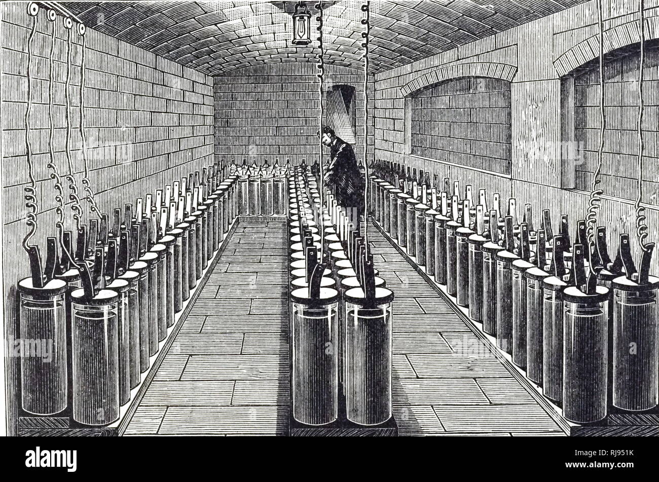 An engraving depicting a battery of 165 Plante cells used to supply light in the Hotel de Ville, Paris, France. Dated 19th century Stock Photo