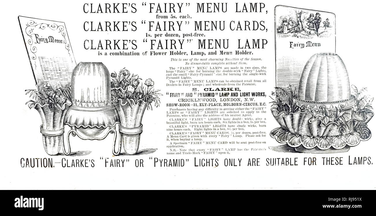 An advertisement for Clarke's 'Fairy or Pyramid' Lights. Dated 19th century Stock Photo