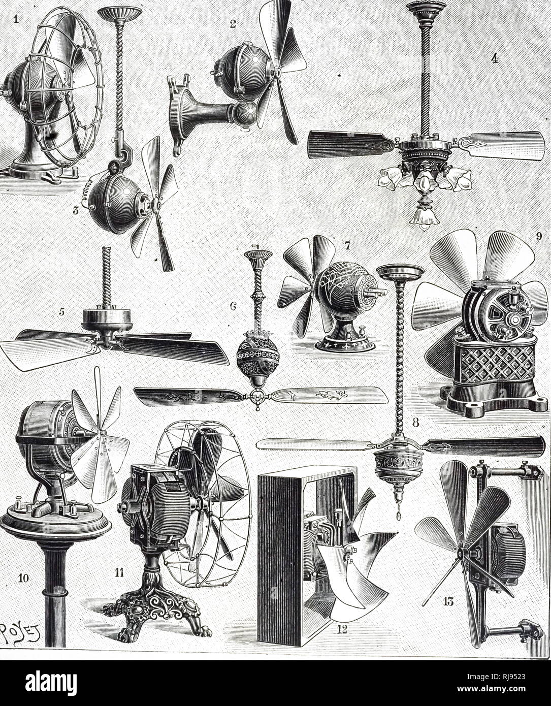 An engraving depicting a collection of electric fans. Dated 19th ...