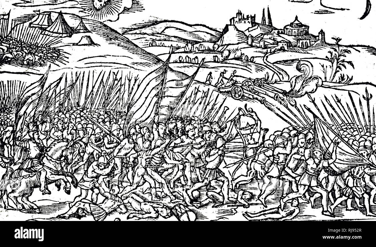 A woodcut engraving depicting a long-bowmen and Pikemen pursuing the enemy who is also being bombarded by a cannon (centre background). On the hill (top left) is a troop of cavalry with lances moving down to join the slaughter. Dated 16th century Stock Photo