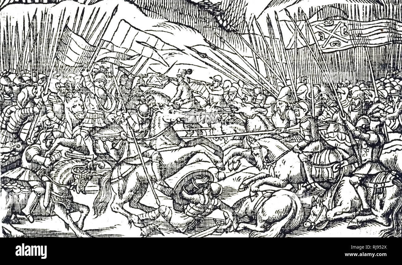 A woodcut engraving depicting a cavalry engaged in a battle with lances, while in the background squares of Pikemen are about to fight each other. Dated 16th century Stock Photo
