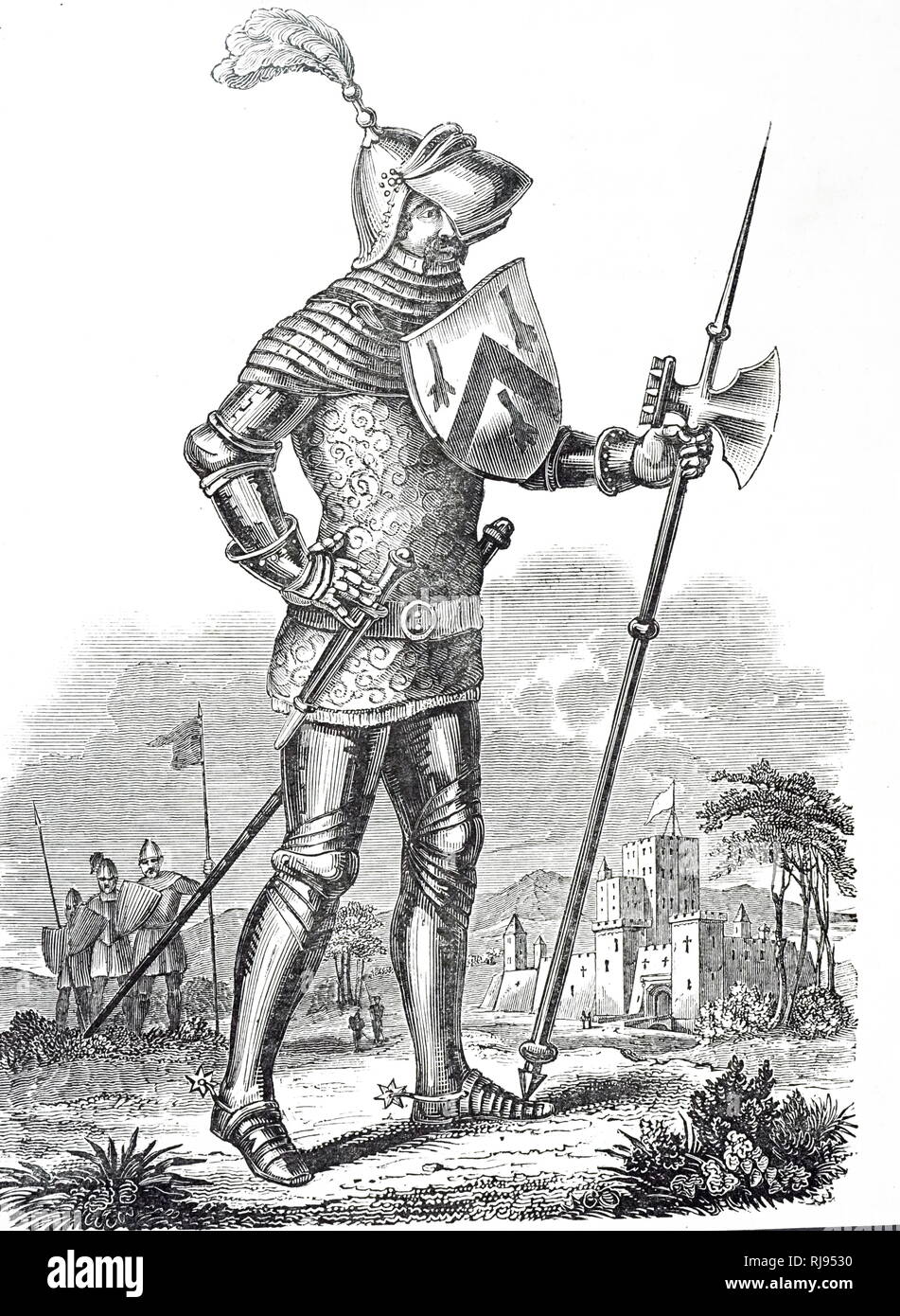 An engraving depicting an armoured knight at time of King Henry V (1413 ...