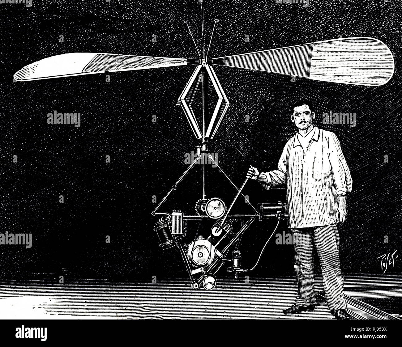 An engraving depicting a helicopter powered by a petrol engine