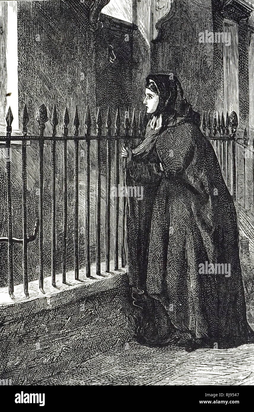 An engraving depicting a woman holding on to a wrought iron fence ...