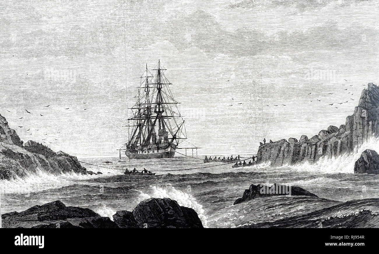 An engraving depicting the HMS Challenger in Saint Peter and Saint Paul Archipelago during the Challenger expedition of 1872-1876. The journey was a scientific exercise that made many discoveries to lay the foundations of oceanography. Dated 19th century Stock Photo