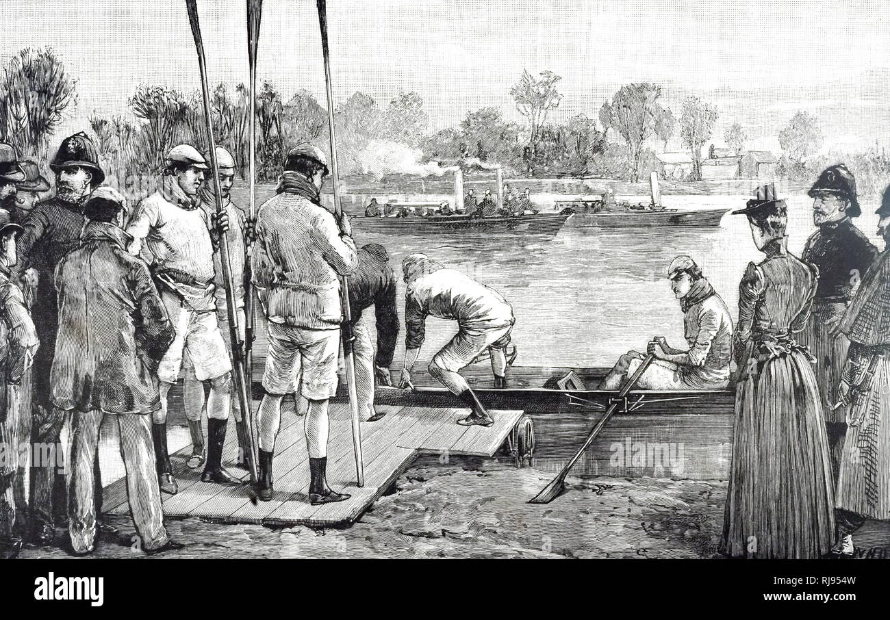 An engraving depicting the Cambridge crew entering their boat for the University Boat Race on the River Thames. Dated 19th century Stock Photo