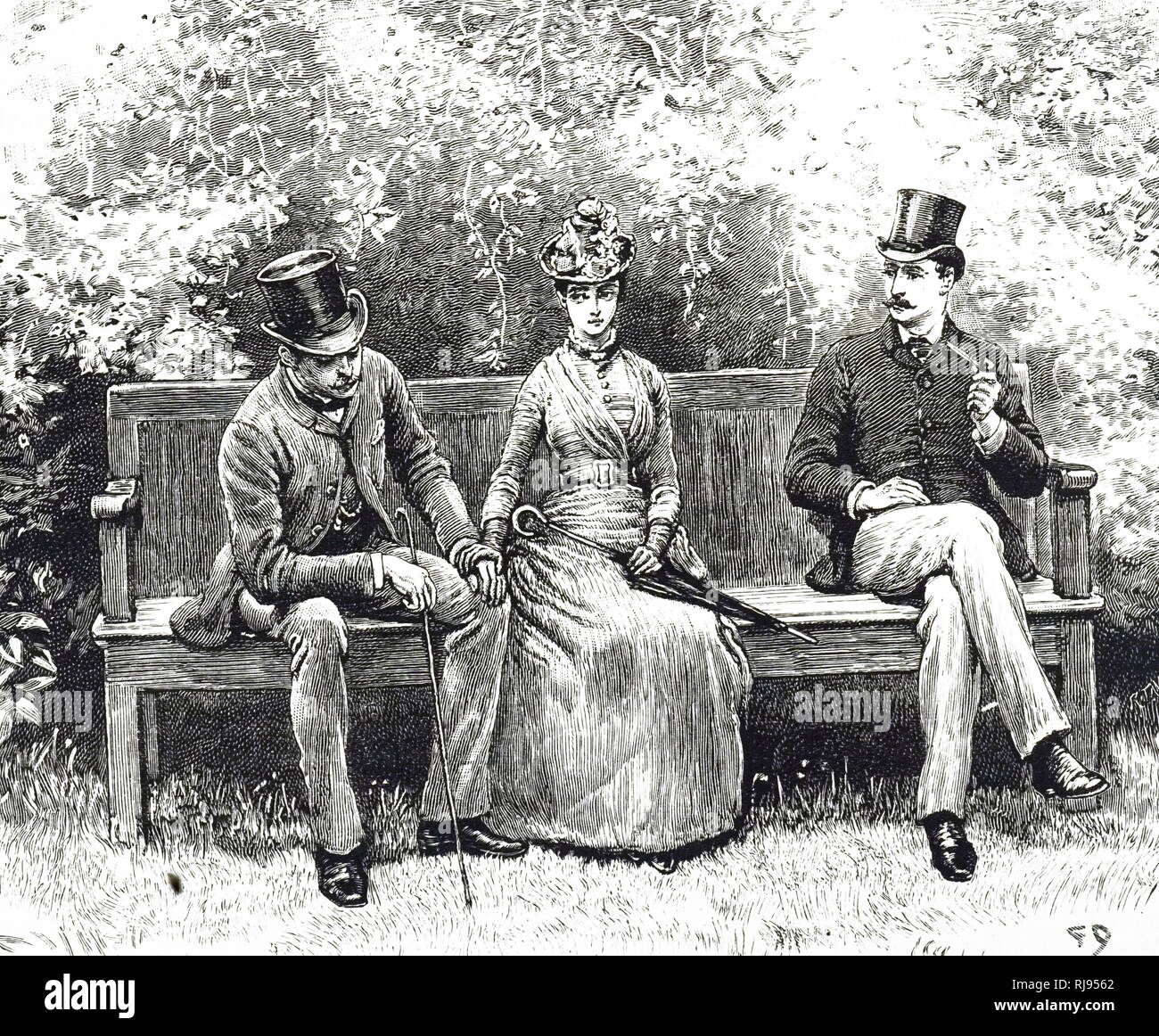 An engraving depicting a couple sitting on a garden bench, alongside the woman's father. Illustrated by Frank Dadd (1851-1929) a British painter. Dated 19th century Stock Photo