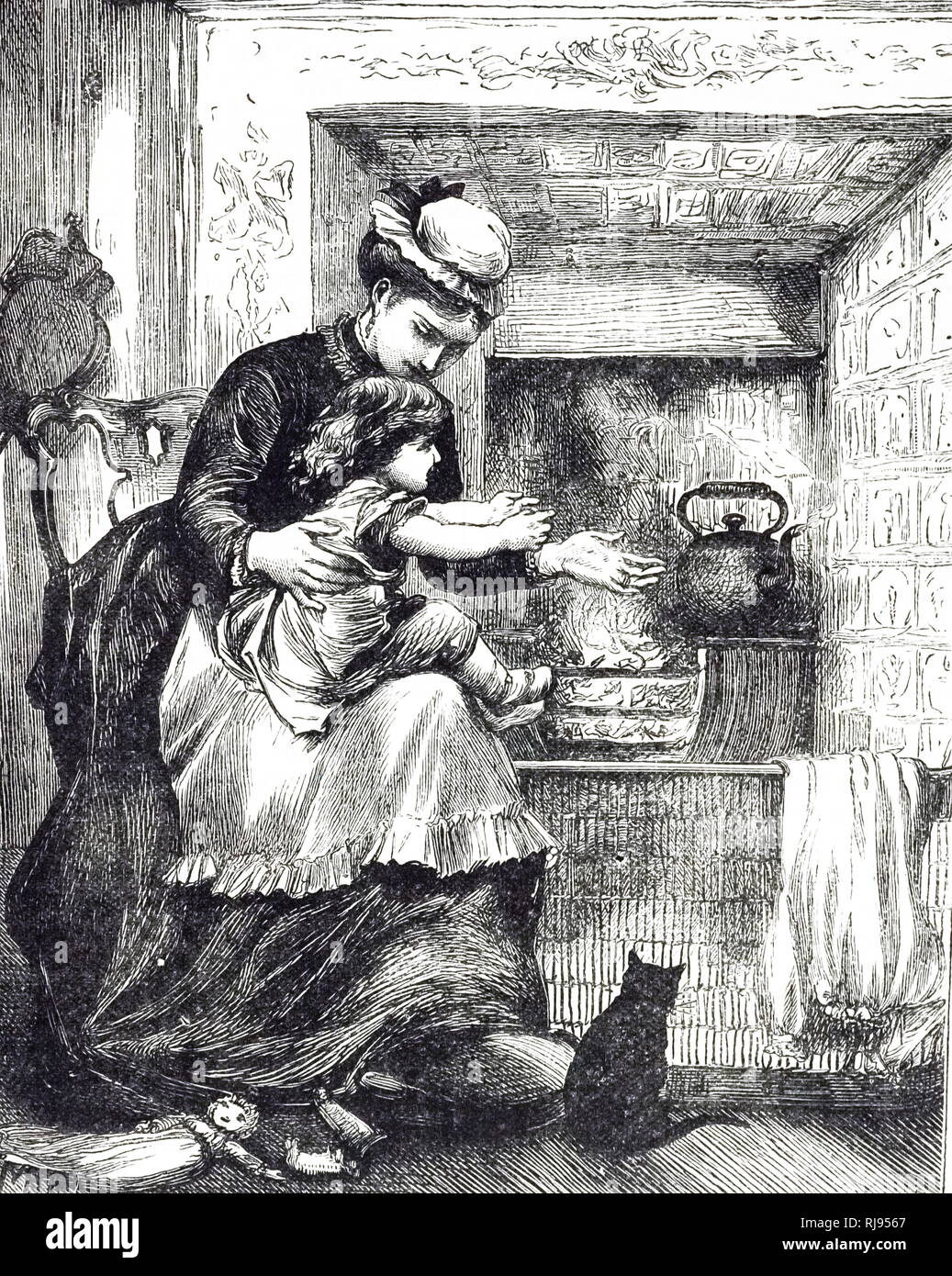 An engraving depicting a nursemaid with a child in front of the fire. The kettle is on the hob, the bellows are hanging ready beside the fire, and the cat is sitting beside the fireguard. Illustrated by Mary Ellen Edwards (1838-1934) an English artist and illustrator of children's books. Dated 19th century Stock Photo