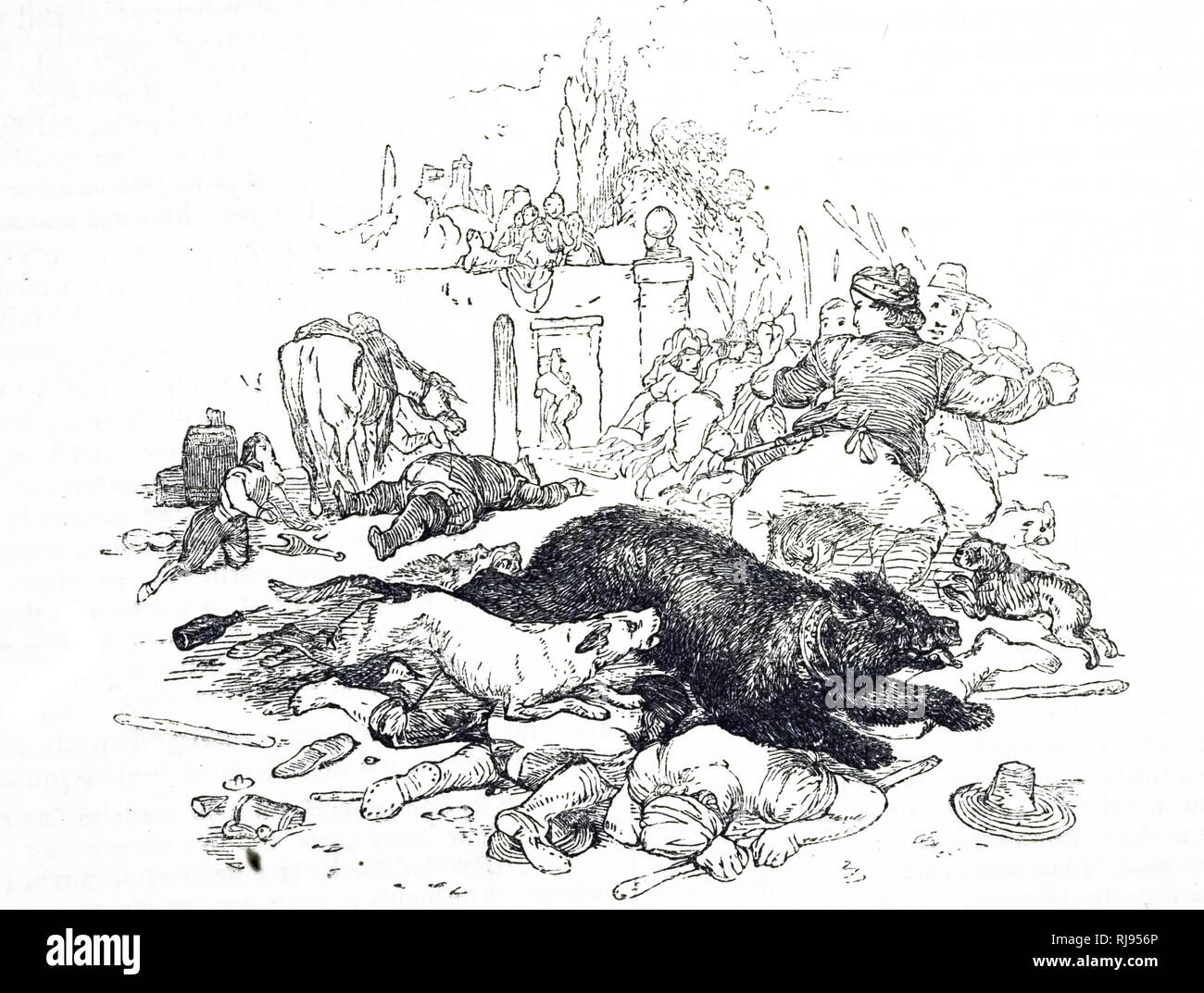 An engraving depicting bear-baiting: the bear is seen escaping. Dated 19th century Stock Photo