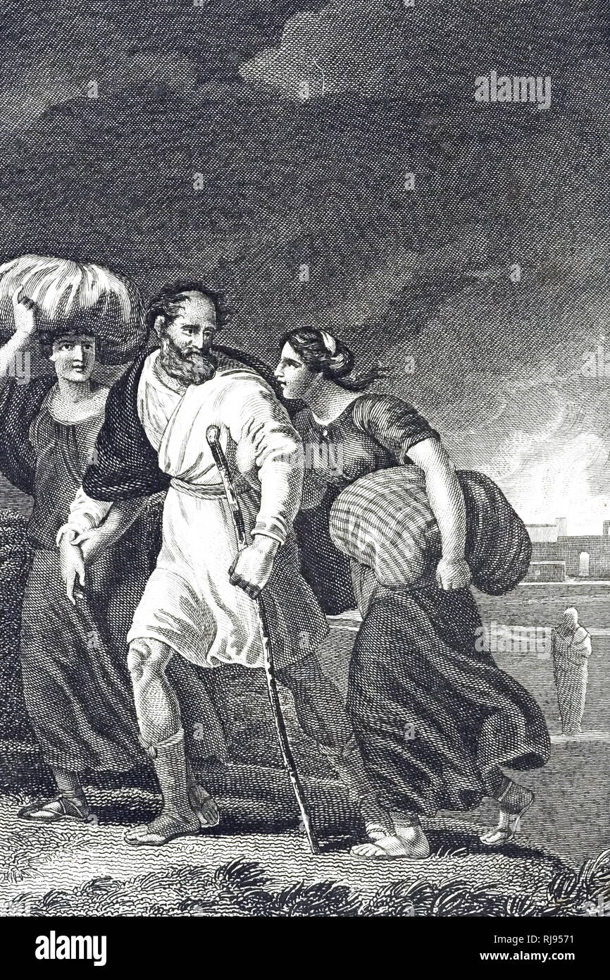 An engraving depicting Lot fleeing Sodom and Gomorrah when an earthquake circa 1900 BC destroyed them. In the background (right) is Lot's wife turned into a pillar of salt because she looked back. There is evidence of a massive earthquake in the area at this date, and the legend of fire and brimstone could well have arisen from the escape of petroleum gases. Engraved by William Marshall Craig (1765-1827) an English painter. Dated 19th century Stock Photo