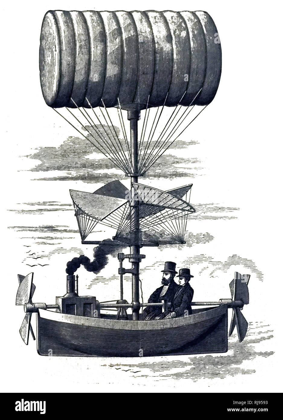 An engraving depicting Henry Badgley's airship. Dated 19th century Stock Photo