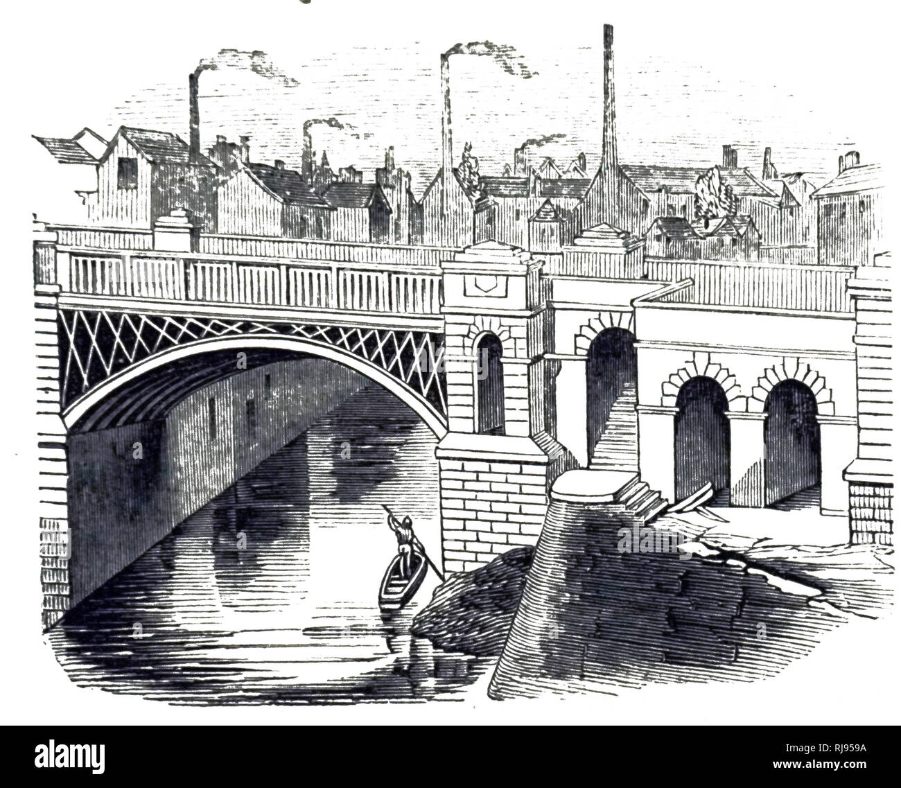 An engraving depicting an iron bridge over the River Irwell, Manchester. Dated 19th century Stock Photo