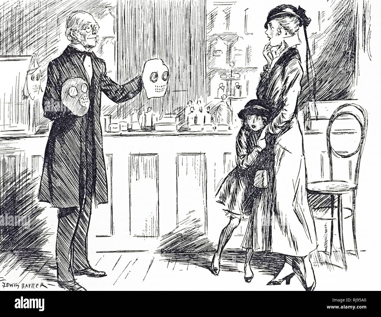 A cartoon depicting a mother and daughter shopping for gas masks. Dated 20th century Stock Photo