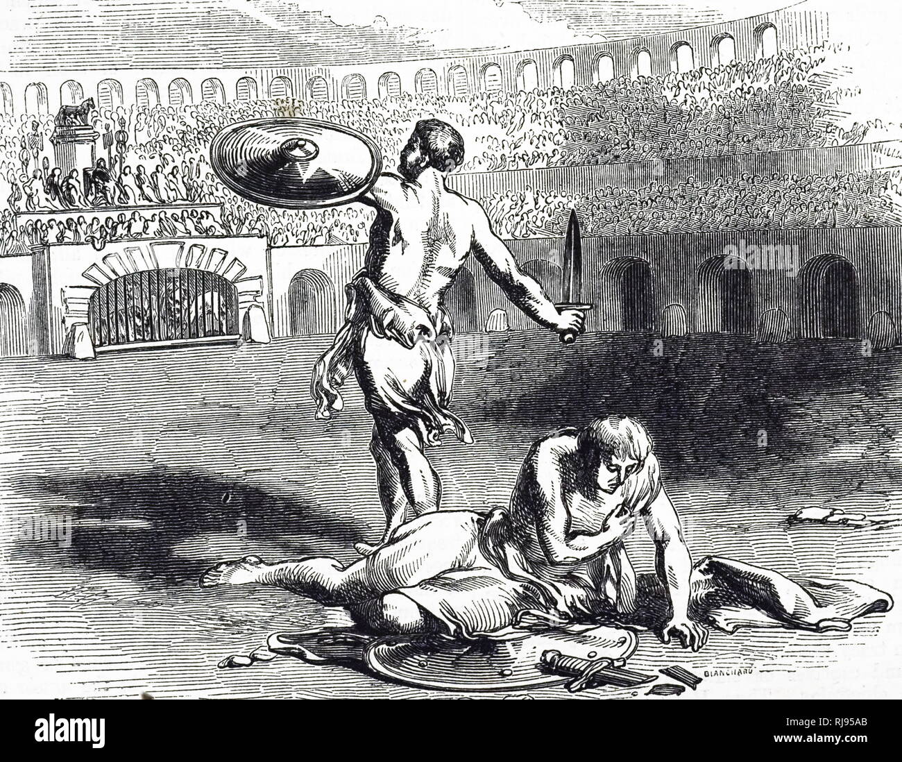 An engraving depicting Gladiators fighting in the Colosseum, in Ancient Rome. Dated 19th century Stock Photo