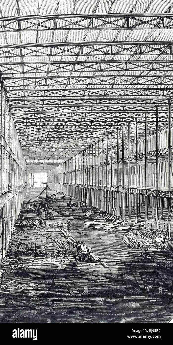 An engraving depicting the construction of the Crystal Palace showing the cast-iron skeleton. Dated 19th century Stock Photo