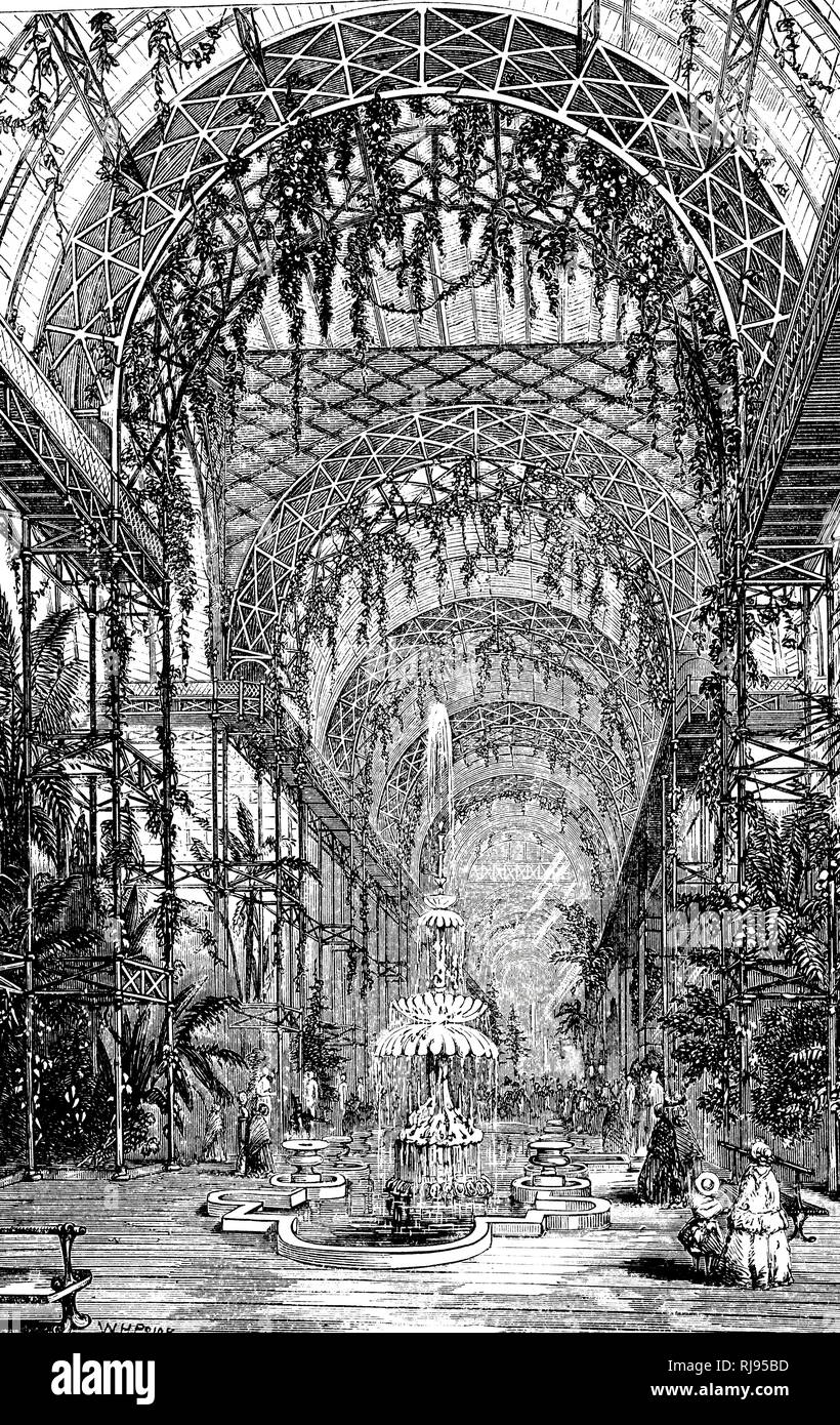 An engraving depicting the interior of the Crystal Palace showing the cast-iron skeleton. Dated 19th century Stock Photo