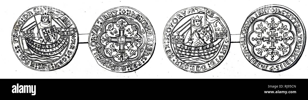 A woodcut engraving depicting coins depicting King Edward III (left) and King David II of Scotland. Dated 19th century Stock Photo
