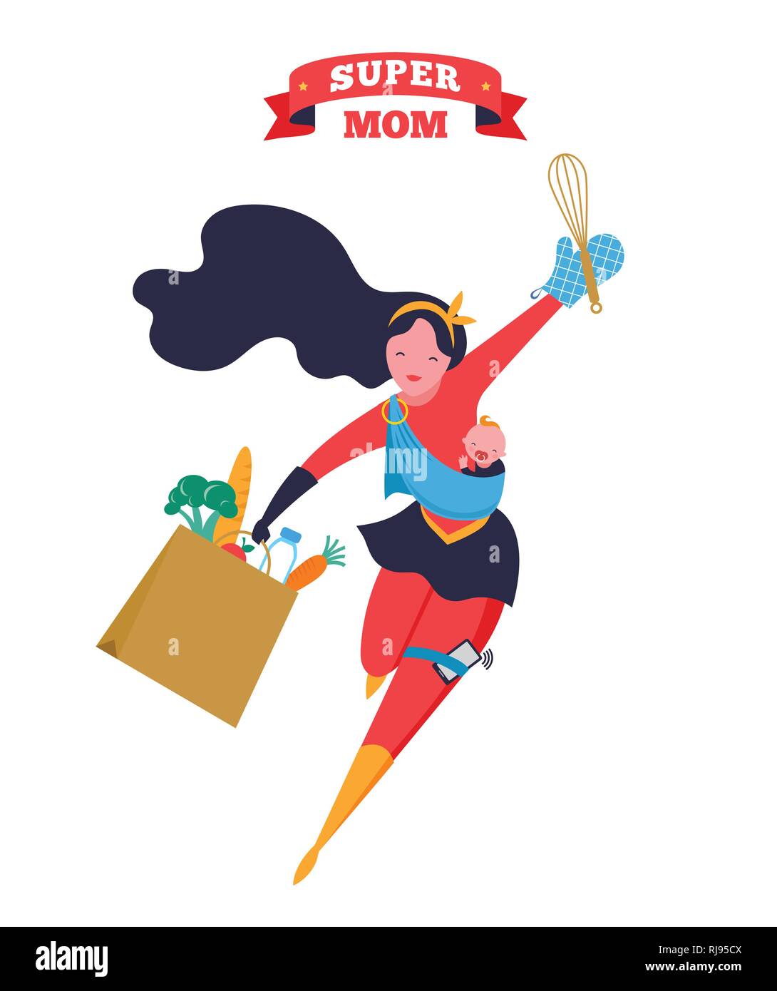 Super Mom. Flying superhero mother carrying a baby. Vector illustration Stock Vector