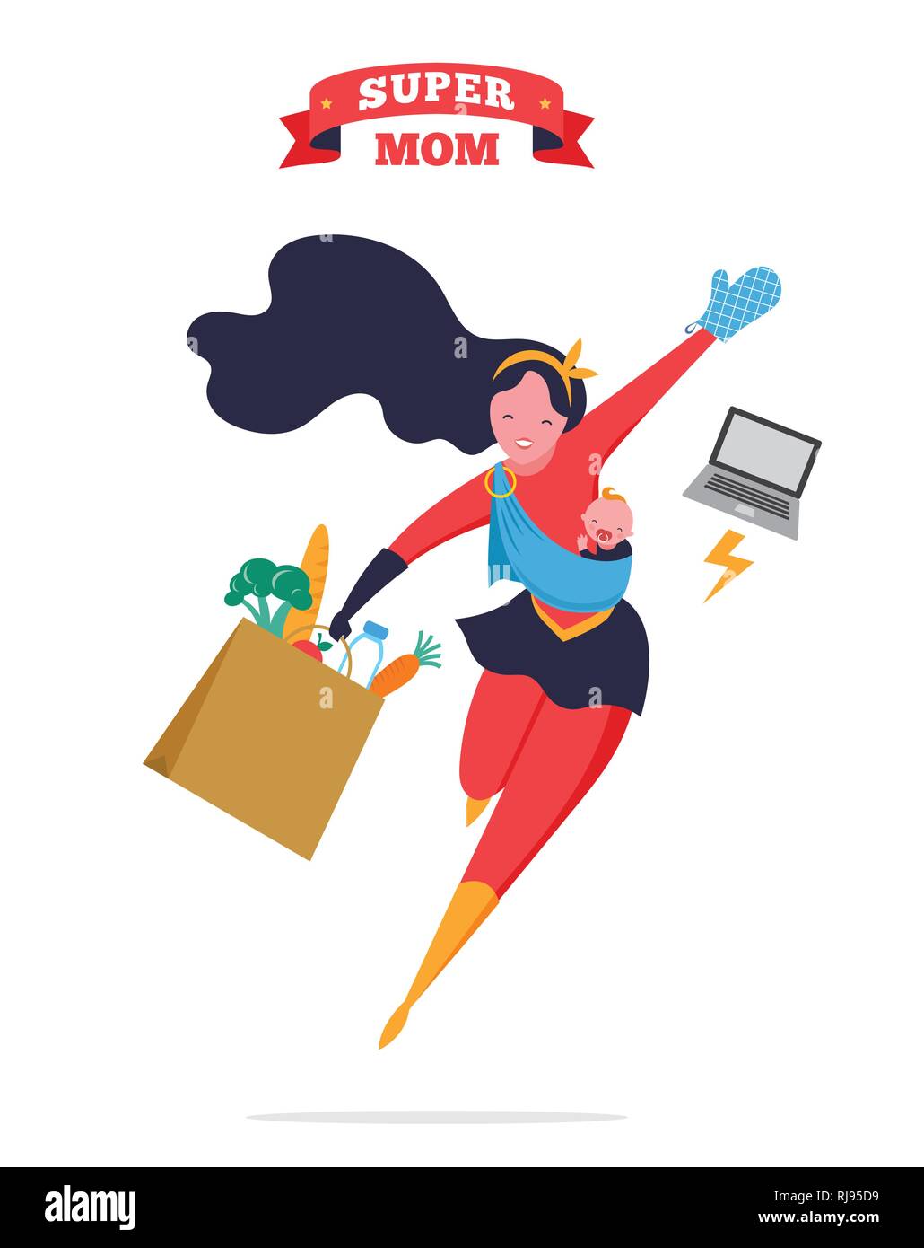 Super Mom. Flying superhero mother carrying a baby. Vector illustration Stock Vector