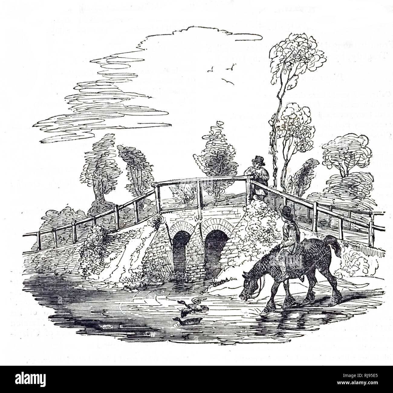 An engraving depicting a horse taking a drink from a stream in Kent